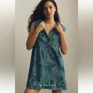 Anthropologie pilcro collared denim mini dress small oversized green blue floral